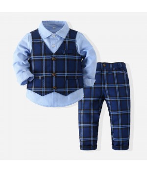 Winter Cotton Toddler Boys Plaid Suit Set - 3pc Slim Fit Party Outfit for Baby Boys