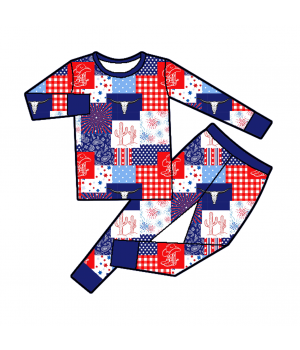 western cow design 4th of july 2 Pcs Long Sleeve Children Pajamas Kids Clothes Outfit Sets Pjs Sleepwear