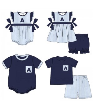 Puresun Kids Siblings Matching Seersucker Outfits Custom Blue Color Wholesale Children Family Smocked Clothing Set