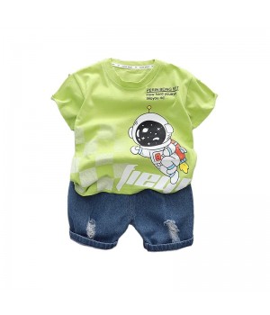 Summer boys clothes round neck astronaut printed short sleeved boys denim cotton two-piece set baby clothes