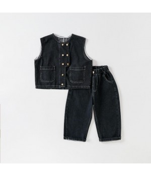 Factory Direct Supply Black Cotton Polyester Sleeveless Vest Top Pants Set Unisex Children Clothing Set