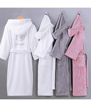 Promotional Women Terry Towelling Bathrobes 100% Cotton Luxury Terry Bathrobe with Hood White Men Woven Terry Fabric Robes